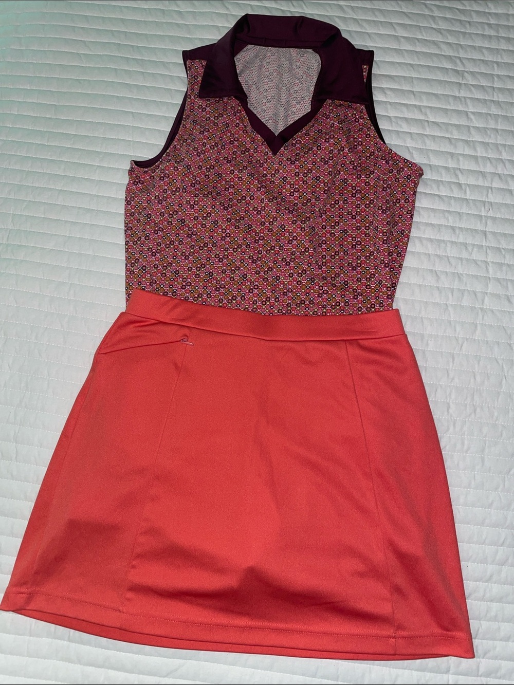 Sleeveless Patterned Top in Maroon and Coral with Coral Skirt